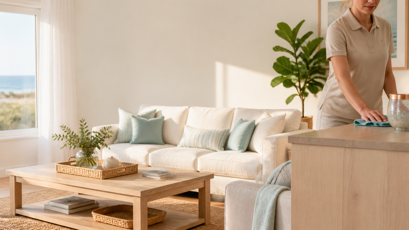 A bright coastal home being professionally cleaned
